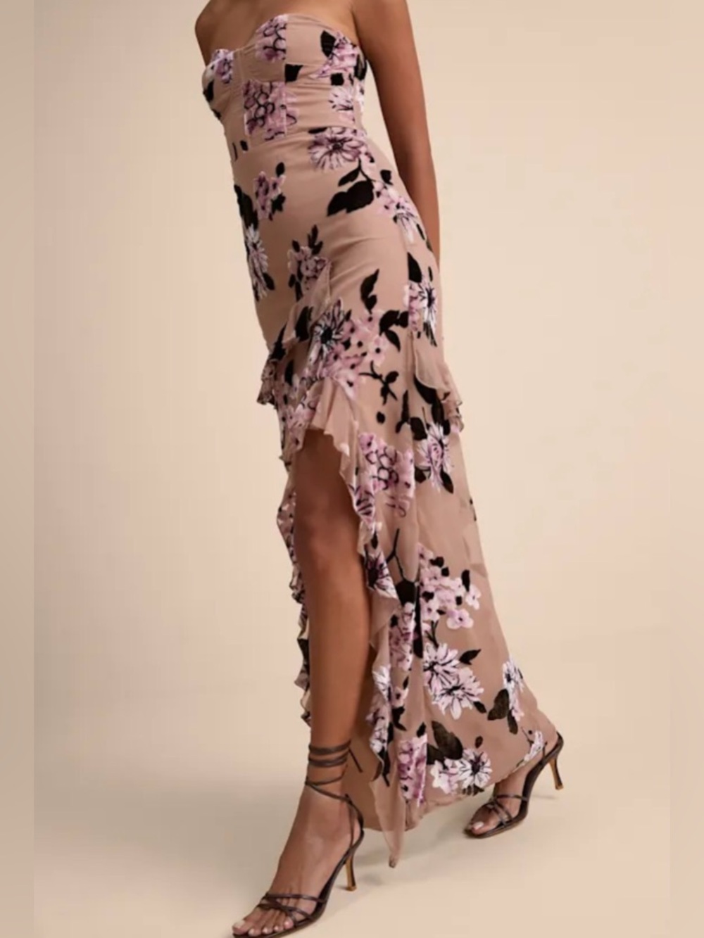 Lulus Chelisa Beige Floral Ruffled Strapless Bustier Maxi Dress - Size S - Picture 2 of 7